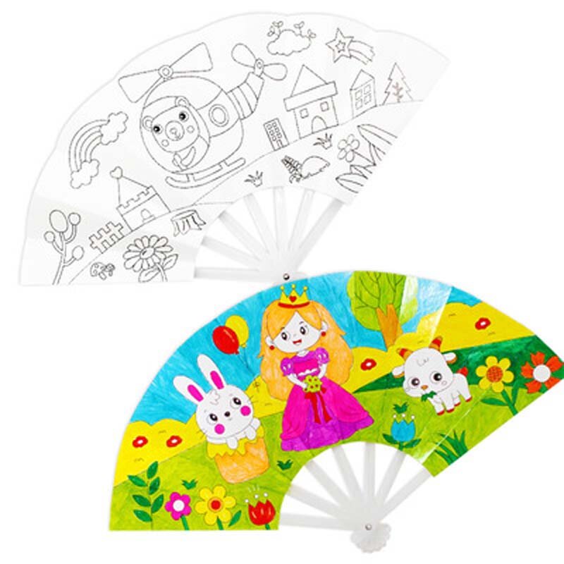 Painting Summer Fan DIY Toys For Children Cartoon Animal Color Graffiti Origami Fan Art Craft Toy Creative Drawing Kids