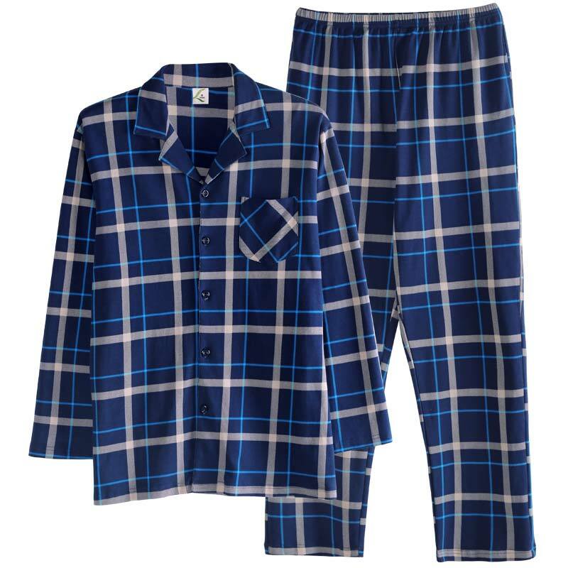 Conjunto de Pijama a cuadros para hombre, ropa de dormir de 2 piezas, chándal clásico de algodón, para primavera y otoño, M-3XL yardas grandes