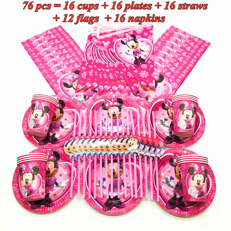 Disney Minnie Mouse Theme Party Decoration Disposable Tableware Set Paper Cups Baby Shower Plates Kids Birthday Party Supplies