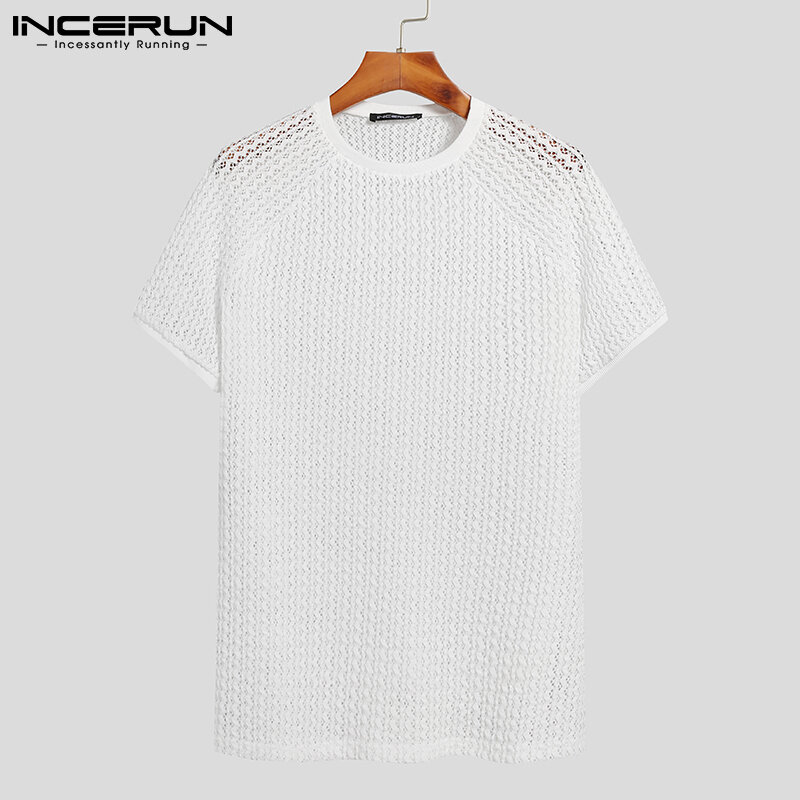 2023 Men T Shirt Solid Color Hollow Out See Through Streetwear Short Sleeve O Neck Tops Vacation Casual Sexy Camisetas INCERUN