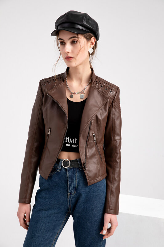 High Quality 2021 Spring Winter Female Black PU Leather Loose Turn-down Collar Zipper Fashion New Women's Wild locomotive Jacket