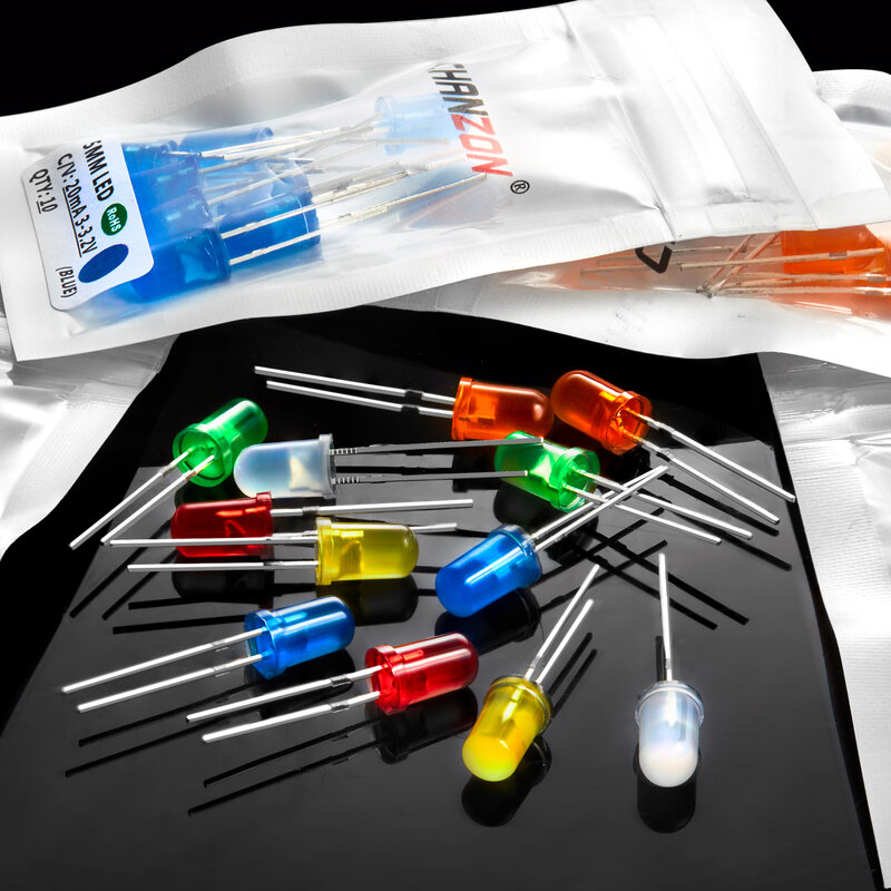 Assorted led diode kit, diodo emissor de luz, indicador de lâmpada, branco, vermelho, azul, verde, laranja, amarelo, 3v, diy, 5mm