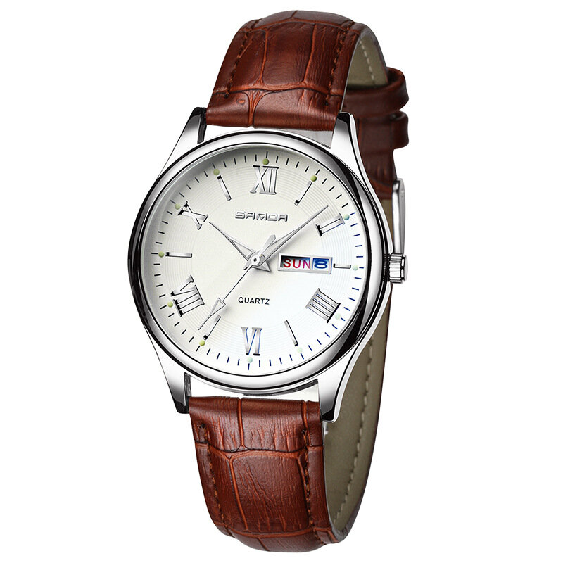 SANDA New Mature Style Classic Style Blue Glass Double Calendar Luminous Leather Watch With Pointer Men's Quartz Watch
