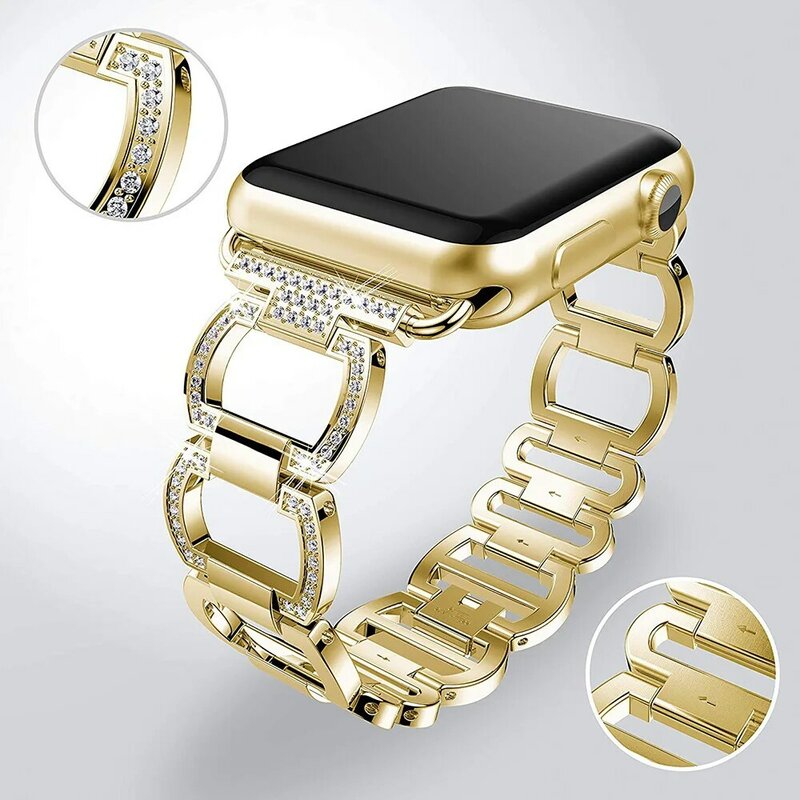 Mewah Berlian Logam Gelang untuk Apple Watch Band 44Mm 42Mm IWatch SE 6 5 4 3 2 1 38Mm 40Mm Stainless Steel Loop Tali Pergelangan Tangan