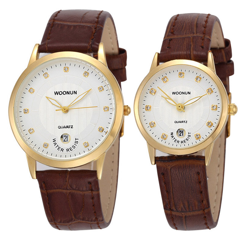 男性と女性のための高級時計,革の腕時計,ラインストーン,ファッショナブルなクォーツカップル