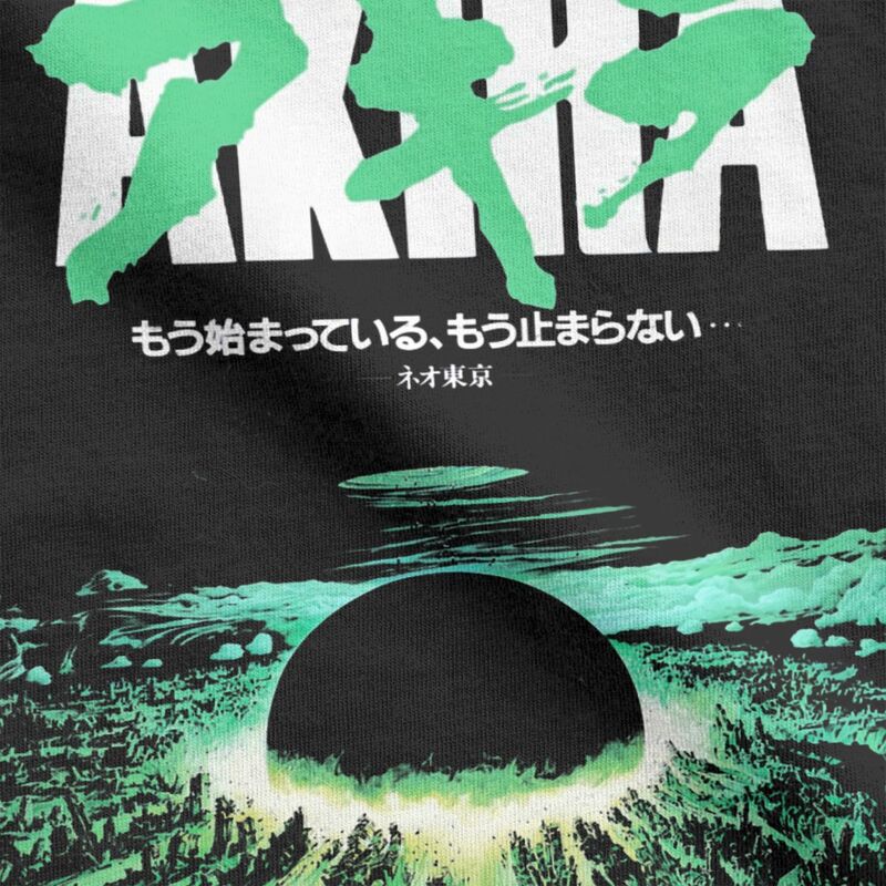 Camiseta de manga curta masculina 100% algodão, Akira Verde, Explosão de Cidade Japonesa, Roupa de Festa Casual, Gola Redonda