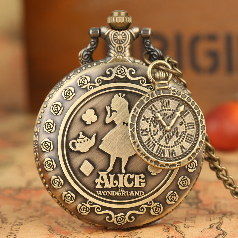 Alice-Relógio de Bolso Bronze para Mulher, Colar Quartzo, Acessório Carrossel, Numerais Árabes, Poker, Retro, Creative Gift, Menina
