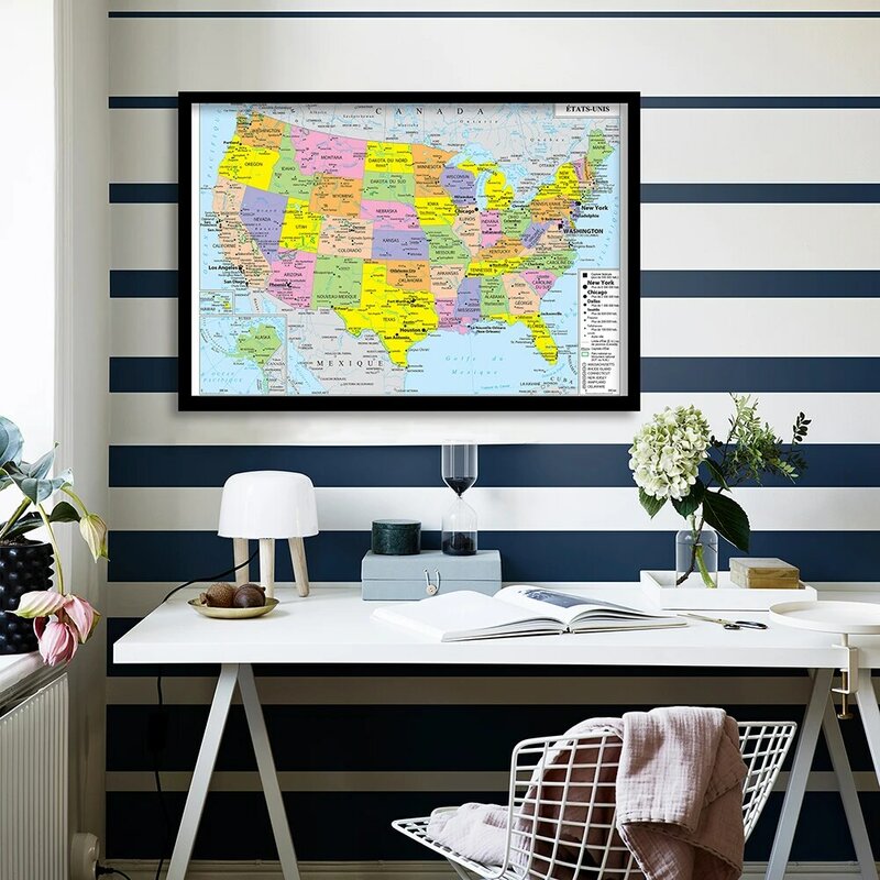 Mapa politico de Estados Unidos, Póster Artístico de lienzo para pared francesa, pintura para sala de estar, decoración del hogar, suministros escolares, 90x60cm