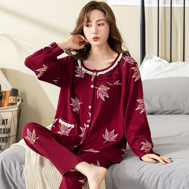 Pijamas de algodão puro para mulheres, roupas para casa, jardas grandes, outono e inverno, alta qualidade, gola redonda, cardigan floral feminino, roupa de dormir