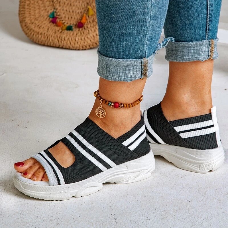 Sandalias de tacón alto con plataforma para mujer, zapatos informales de punto sin cordones con punta abierta, para verano, 2022