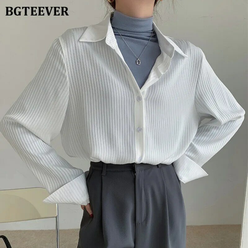 Bgteever escritório senhoras listrado blusas femininas topos manga cheia solta camisas femininas elegante primavera blusas mujer 2021