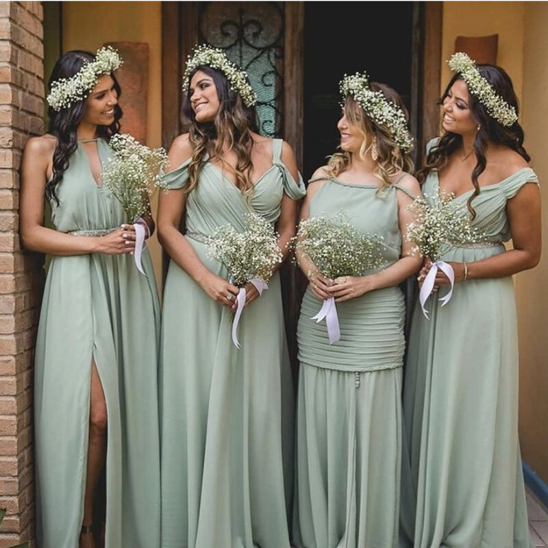 Vestidos de dama de honor verde salvia, línea a de gasa con hombros descubiertos, abertura lateral, plisado hasta el suelo, vestidos de fiesta de boda con fajas, 2022