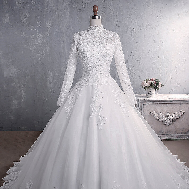 Vestido de casamento elegante gola alta com trem, vestido da princesa noiva, bordado em renda, vestido muçulmano, Luxo, 2022