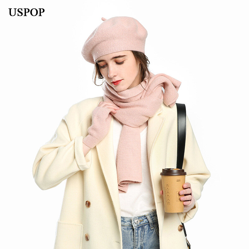 Новый Зимний однотонный комплект USPOP из 3 предметов, кашемировый шарф, шляпа, женская