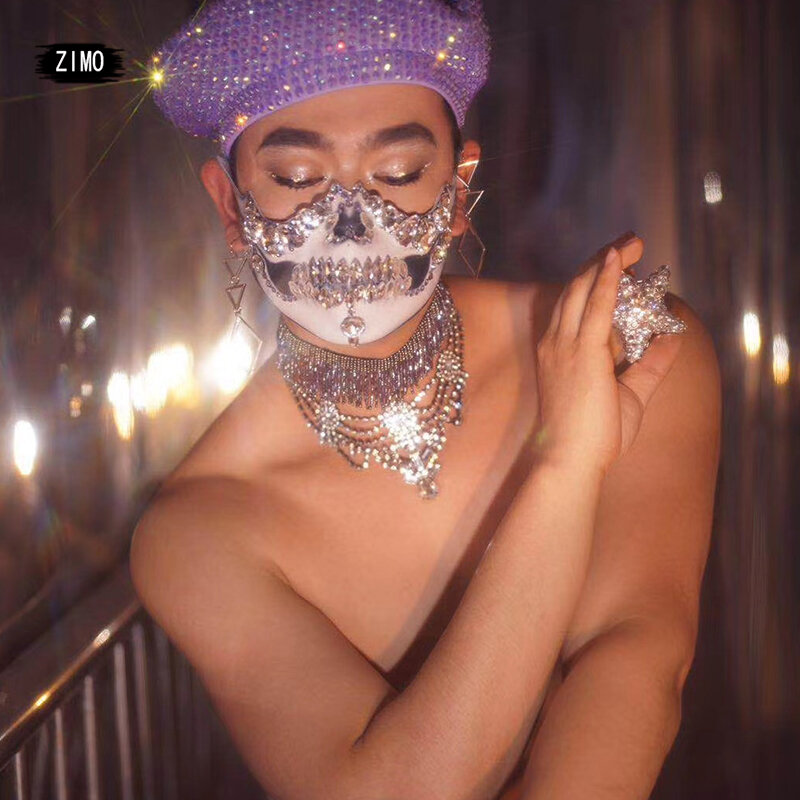 Máscara de diamantes de imitación para hombre y mujer, sombrero púrpura, máscara de cristal, accesorio de fiesta de Halloween, accesorios de escenario, disfraz de cantante enmascarado, nuevo festival rave