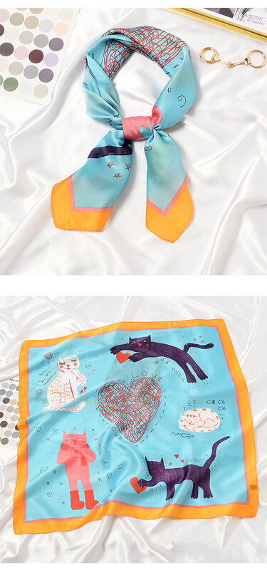 Écharpe carrée imprimée Love Cats pour femmes, bandeau bandana pour femme, enveloppes de tête pour femme, châle féminin, motif animal, foulard de la présidence, mode 2021