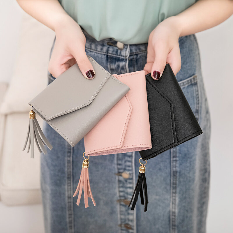 Fashion Women's Trifold Wallet Small Mini Leather Wallet Credit Card Holder with Snap Closure Korean Style Tassel Wallet 2020