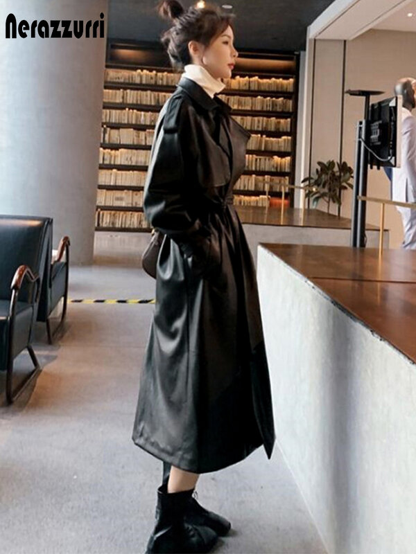 Nerazzurri Lente Zwart Oversized Lange Waterdichte Lederen Trenchcoat Voor Vrouwen 2021 Lange Mouw Losse Koreaanse Mode Kleding
