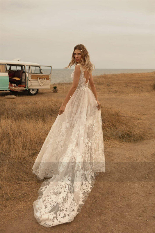 DREAM-فستان زفاف ريفي بوهيمي ، فستان بدون ظهر برقبة على شكل V ، فستان عروس بوهو بظهر مفتوح ، وهمي ، دانتيل