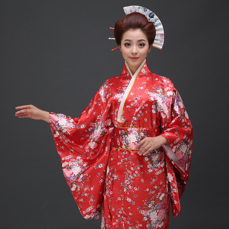 زي الساموراي الياباني للنساء ، كيمونو مطبوع عليه زهور ، فستان رسمي ، يوكاتا ، عرض مسرحي