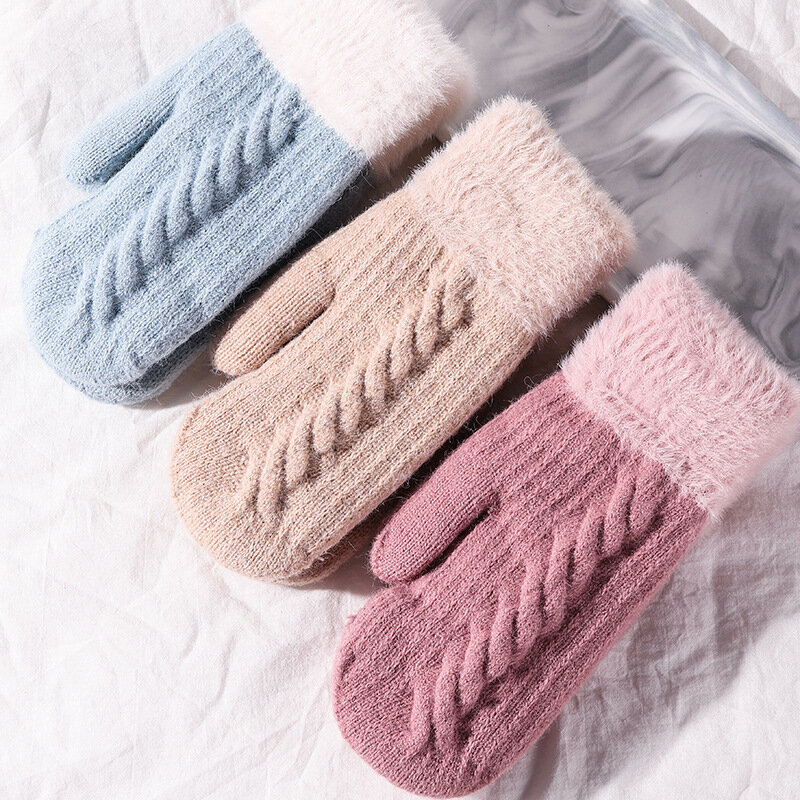 Women Winter Keep Warm Plus Velvet Double Layer Thicken Knitting Wool Gloves Cycling Drive Cute Lovely Fashion Mittens