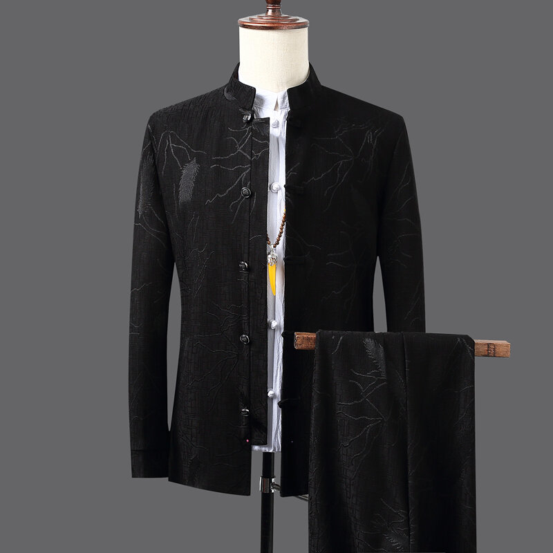 남성용 중국 스타일 재킷 프린트 수트, 캐주얼 패션 재킷 및 바지, 풀 사이즈 M-5XL, 2023 가을