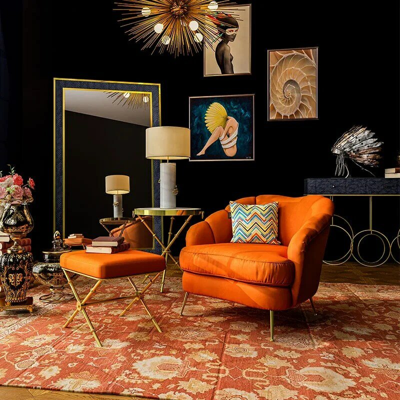 Cadeira de sala de estar moderna e luxuosa, pequena, com pétalas de flor, tigre, em veludo