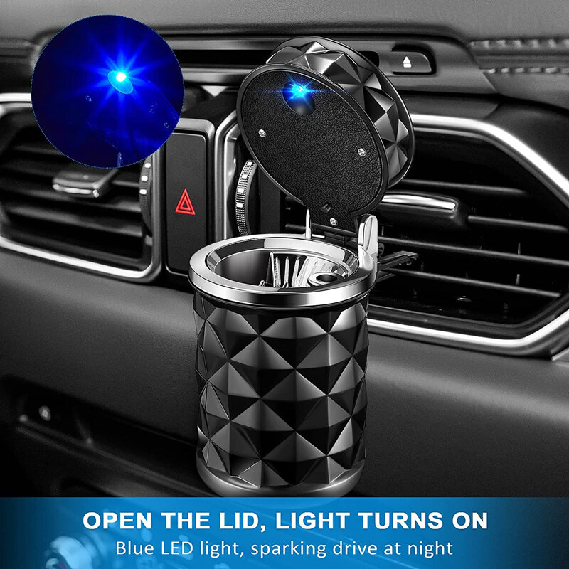 LEDライト付きカー灰皿,ユニバーサルアロイホルダー,アルミニウムカップ,無炎,難燃性