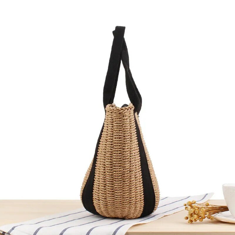 Bolso de mano tejido con forma de cubo, bolsa de paja con correas negras, para playa y vacaciones, 28x22CM, a7222