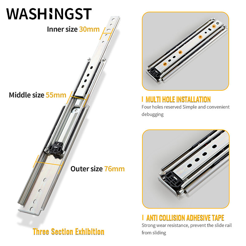 Washst – glissières de tiroir industriel, Extension complète, roulement à billes, 3 sections