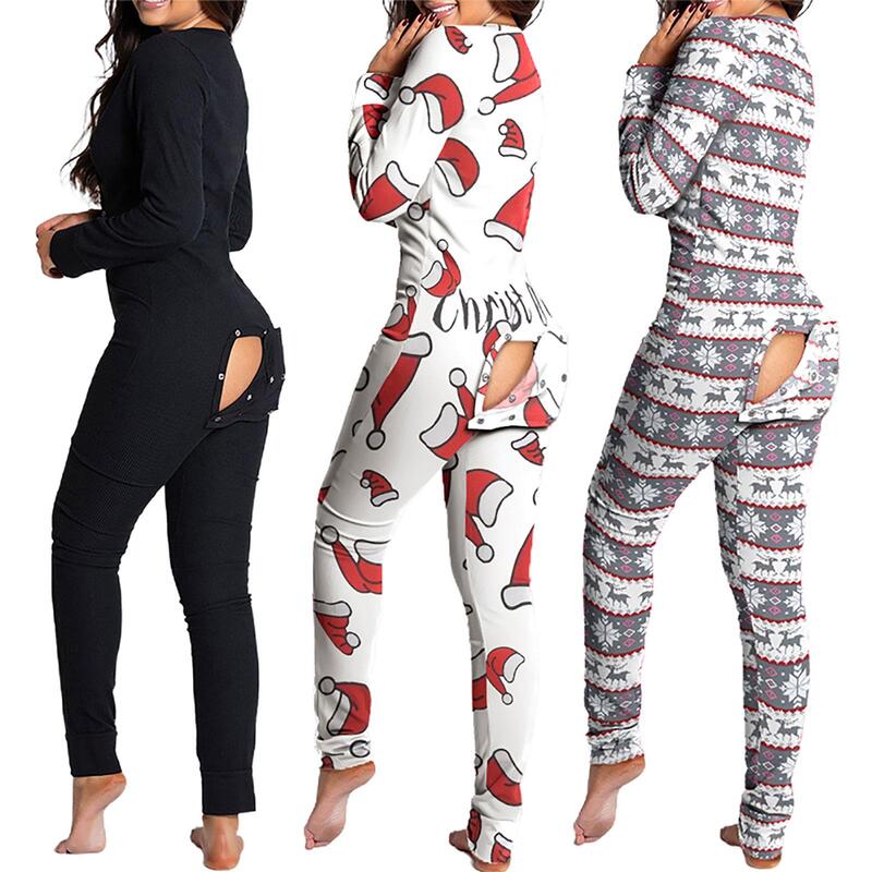 Macacão de natal feminino com aba de bunda para adultos sexy sleepwear macacão de bunda aberta pijamas de natal