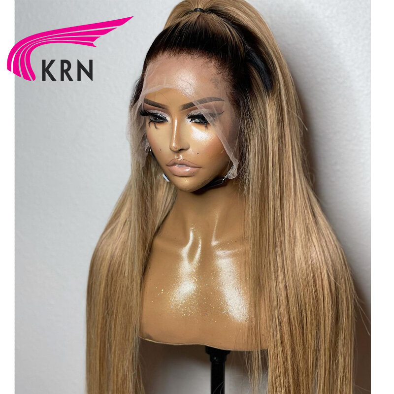 Perruque Lace Front Wig naturelle brésilienne Remy, cheveux lisses, ombré blond miel, 1B27, pre-plucked, avec baby hair