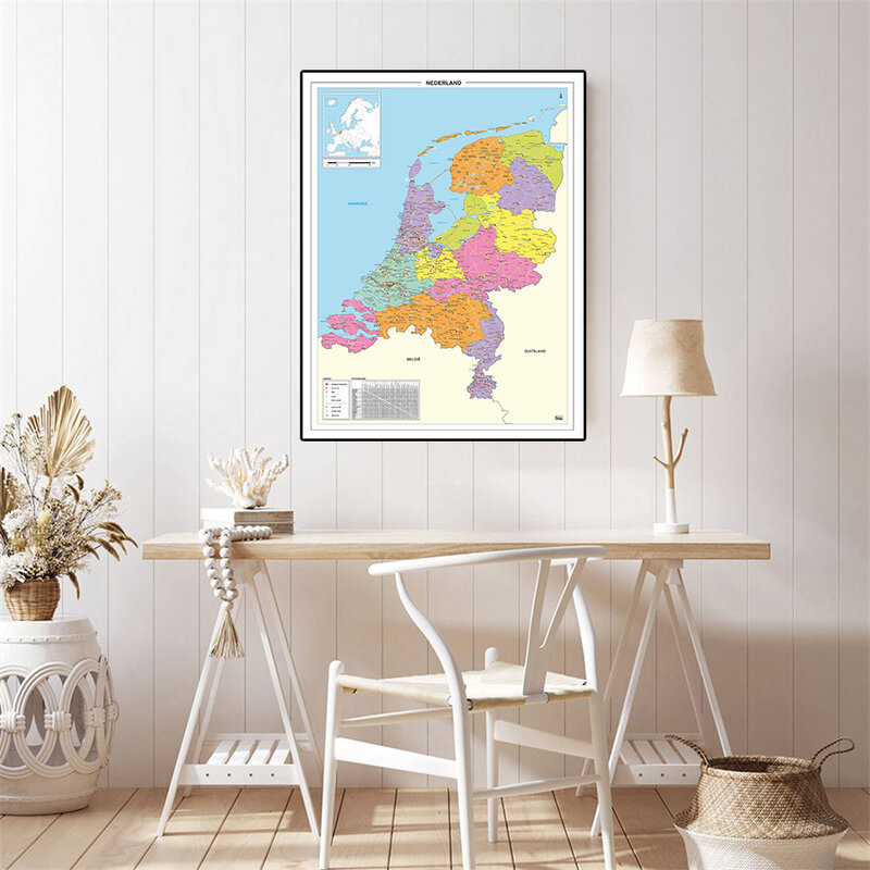 Póster pequeño de mapa política de los Países Bajos, lienzo de pintura, suministros escolares de viaje, decoración del hogar de la sala de estar en los Países Bajos, 42x59cm