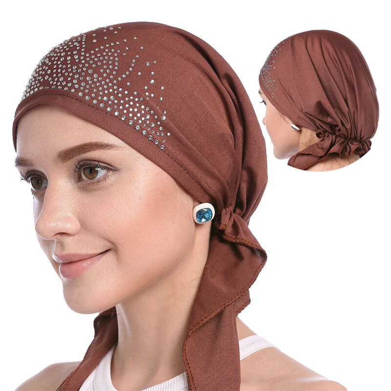2020 Cappello Velo Sottile Estate di modo Musulmano Interno Hijab Berretti di Colore Solido Diamante Turbante per le donne Cofano India Headwrap Cappelli