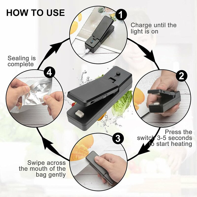 Máquina de embalagem portátil para selagem de alimentos, Mini selador magnético, abridor de cortador de saco, recarregável Kitchen Bag Heat Sealer, 2 em 1
