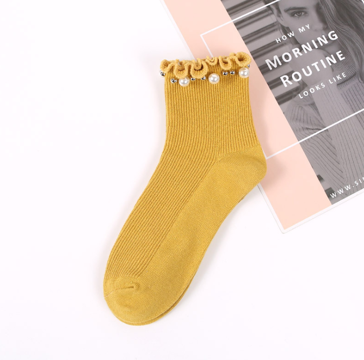 Korean creative Japanese women's Pearl socks with ear edge cotton double needle middle tube socks