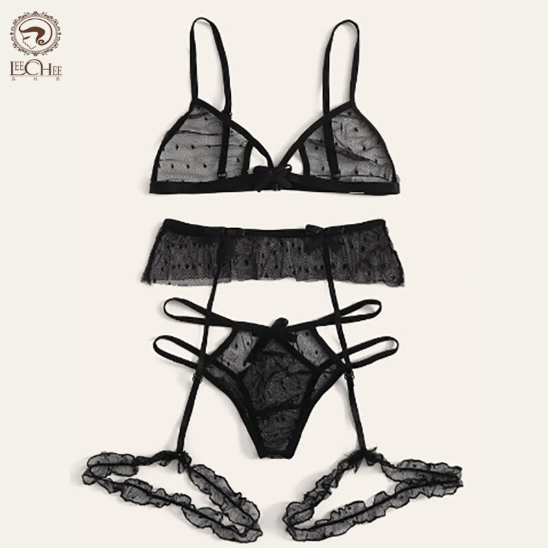 LEECHEE-Transparente Malha Underwear Set para Mulheres, Lingerie Sexy, Oco Out Sutiã, Cuecas Polka Dot, Novo, S-2XL, 3Pcs