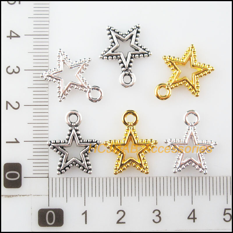 30Pcs Retro Tibetan Silver Tone Gold Silver Tone Star Circle Charms Pendants 15x17.5mm