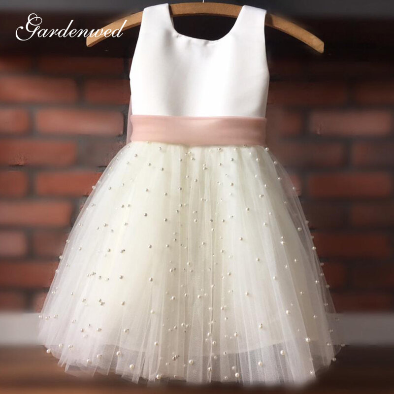 Pearls Girl Pageant Dresses Tulle Sashes Flower Girl Dress Cute Bow Sashes First Communion Dress Little Bride Dress New Year