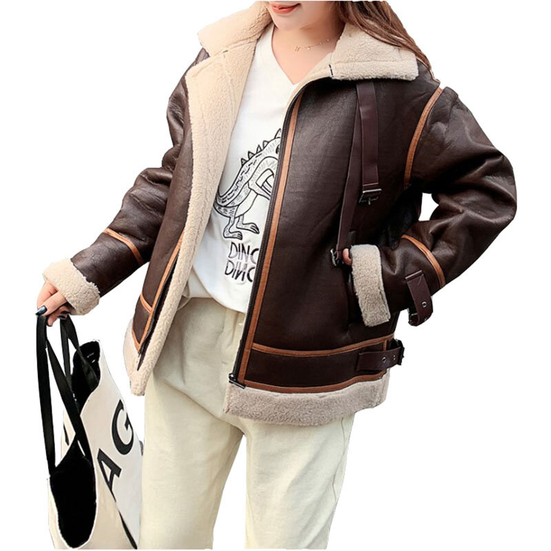 여성용 가죽 재킷 스타일 두꺼운 모피 코트, 양털 따뜻한 스트리트웨어, 가죽 겉옷, 오토바이 의류, 겨울 신상