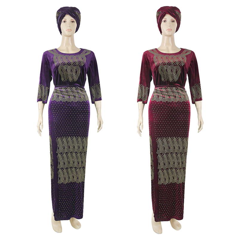 Plus Größe Samt Kleid Dashiki Afrikanische Kleidung Für Frauen 3 Stück Set Top Rock Mit Headtie Damen Lange Maxi Partei kleider Robe