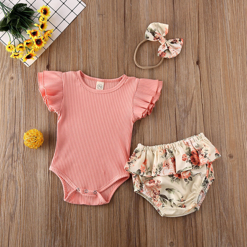 Summer Infant Clothes Baby Girl Ruffled Ribbed Bodysuit Girls Floral Shorts Headband Newborn 3Pcs Set