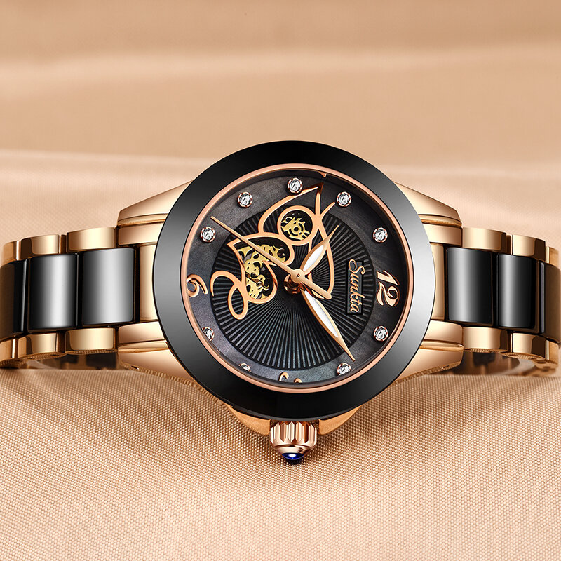 Sunkta-relógio de quartzo feminino, superfície do diamante, pulseira de cerâmica, impermeável, marca superior, luxo, presente
