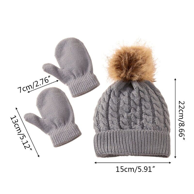 Winter Warm Baby Solid Color Hat Gloves Set Fur Ball Beanies Mitten Kit Children Knitted Hemming Hat