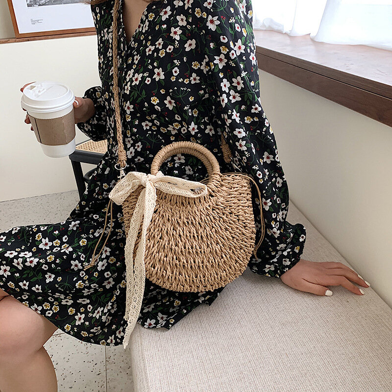 Borsa in tessuto Bowknot donna 2021 nuova borsa a tracolla portatile in paglia intrecciata a mano borsa da spiaggia per vacanze al mare marea