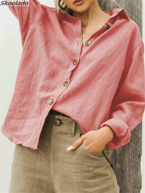 Top a manica lunga da donna camicie da donna top da lavoro casual moda lino in cotone top di buona qualità hotsale abbigliamento per ragazze skoonlado