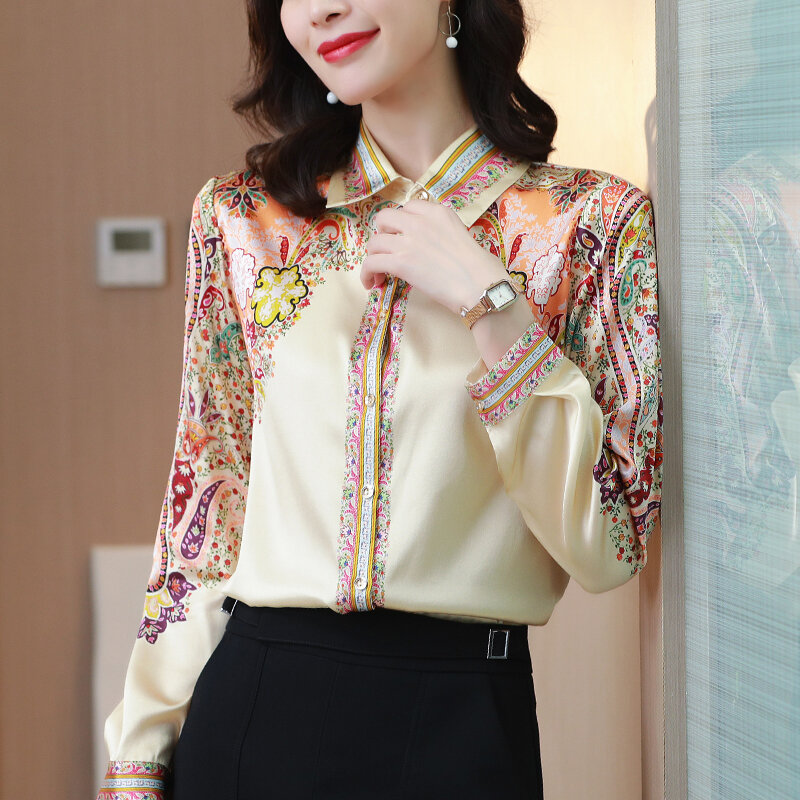 Женская винтажная рубашка из натурального шелка, элегантная офисная блузка с отложным воротником и длинным рукавом, Повседневная атласная блузка из натурального шелка с принтом