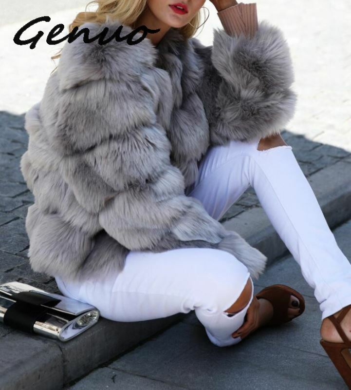 Genuo-진짜 모조 모피 롱코트 여성용, 푹신한 화이트 인조 모피 코트 자켓, 아늑하고 푹신한 외투, 겨울