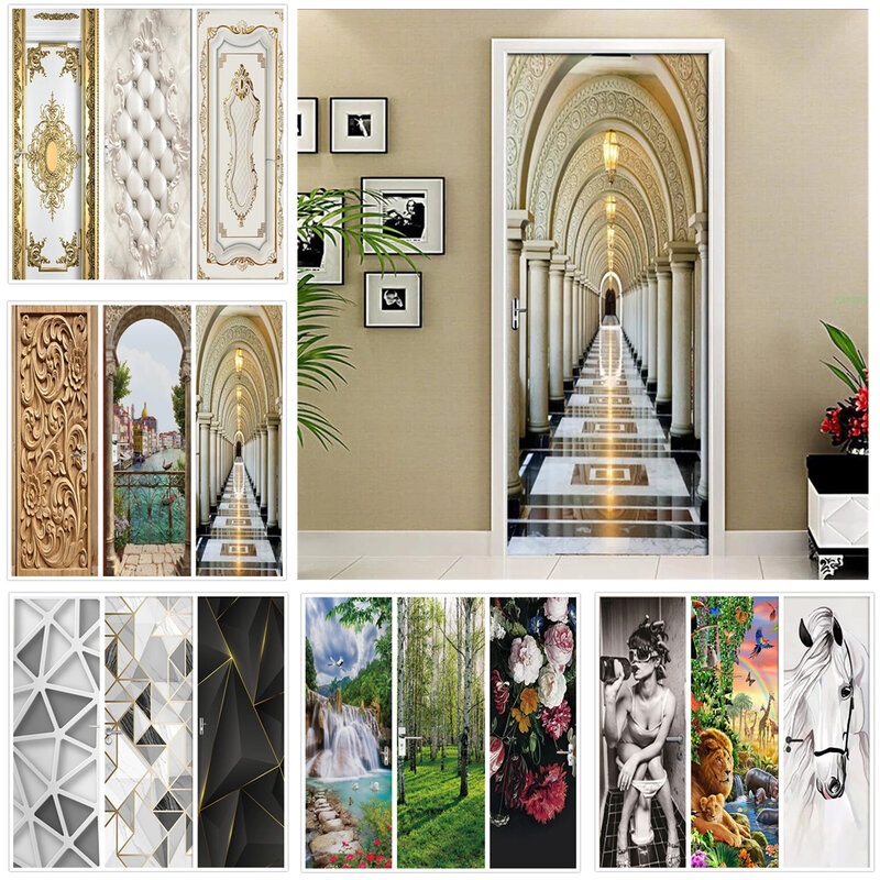 Pegatina de PVC para puerta de pasillo, papel pintado de moda abstracto moderno 3D DIY, arte de sala de estar, póster de puerta, pegatinas Mural autoadhesivas para el hogar