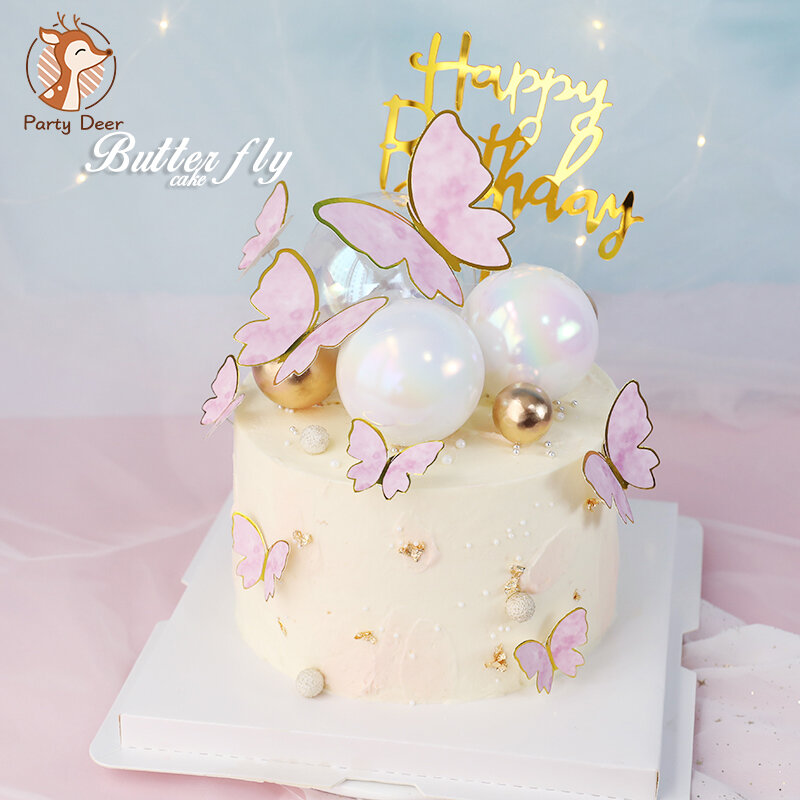 Biling colorful pink Gold Butterfly Happy Birthday Cake Topper Wedding Bride Dessert Decoration for Birthday Party Lovely Gifts